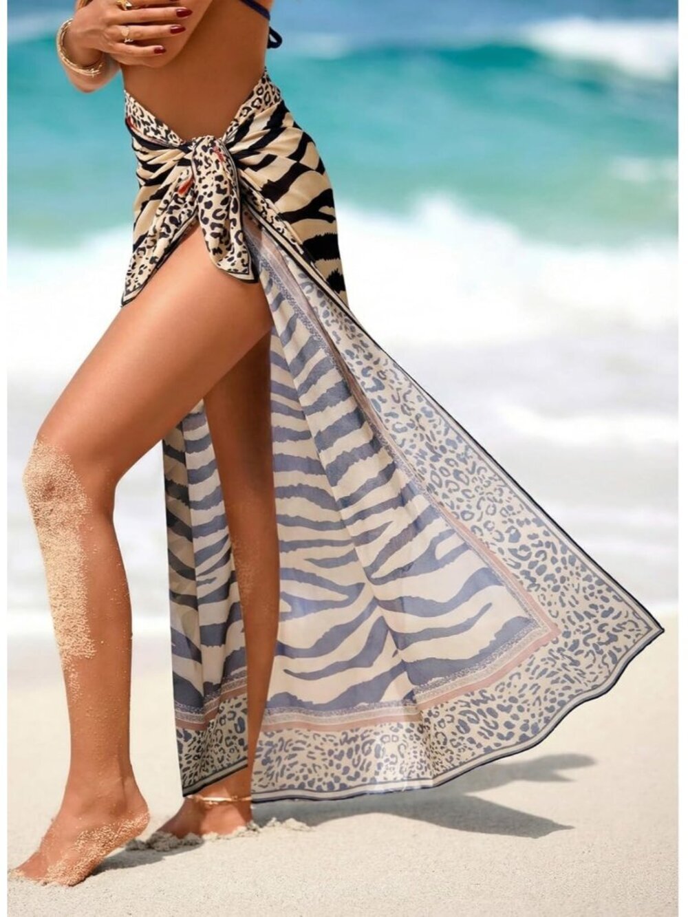 Women's Animal Stripe Pattern Swimsuit High Slit Summer Floral Print Wrap Beach - Picture 4 of 6
